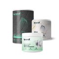 Drei zylindrische behälter von brandi sports nutrition mineralstoffe mit mattem dunkelgrau und weiß und mintgrünen akzenten