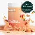 Brandl kollagen pulver in weißem behälter mit orangem etikett und pfirsichgeschmack kollagenpulver