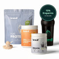 Muskelaufbau bundle mit brandl pure proteins vegan protein pulver in silberner packung und orange weißer preworkout dose plus schwarzer shakerflasche