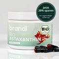 Brandl bio astaxanthin supplement in white jar with green label and red algae illustration containing 8 mg per capsule