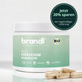 Weiße zylindrische dose mit mintgrünem label und brandl logo für bio hericium kapseln lions mane vegan organic