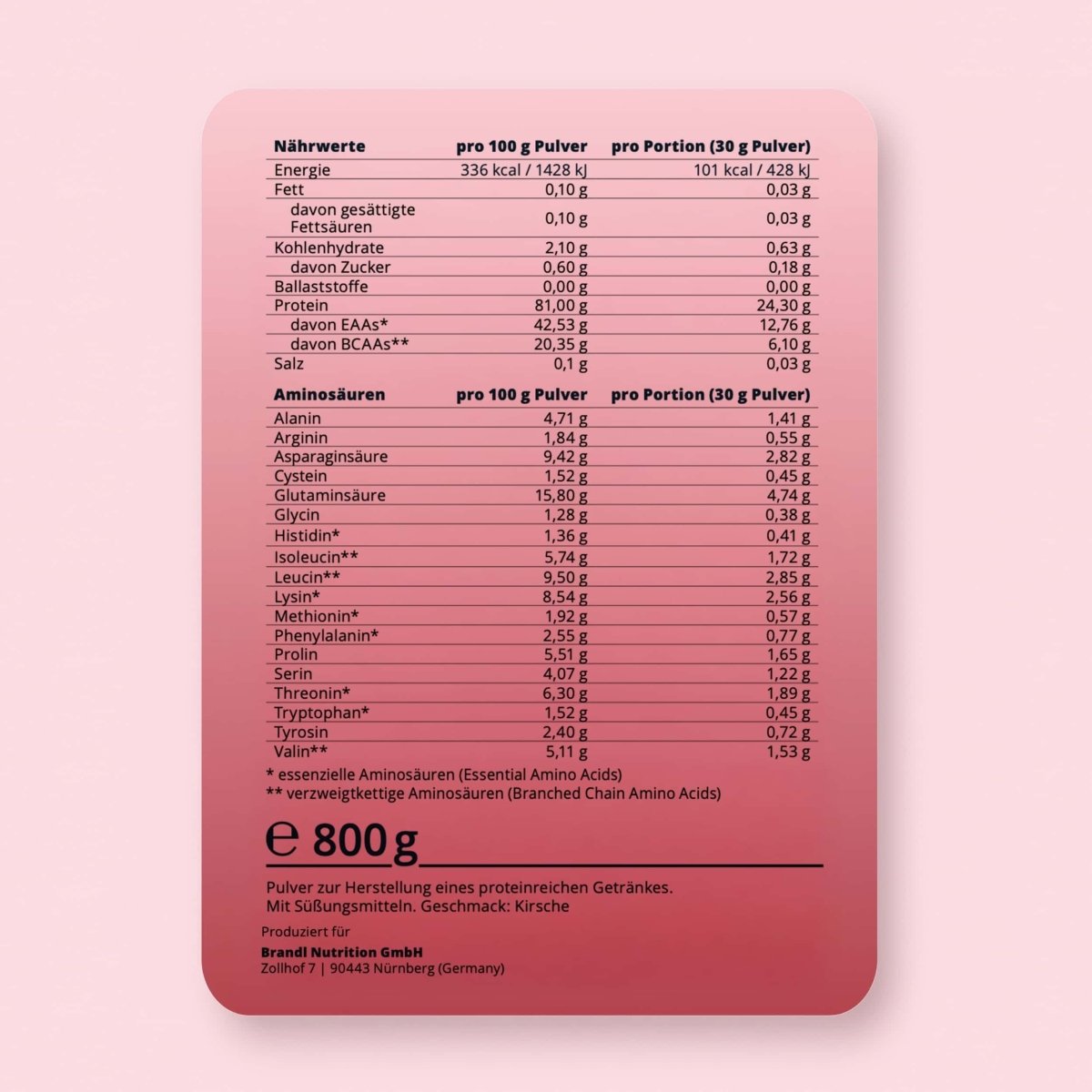 Rosa rechteckiges nahrungswertetikett der marke brandl nutrition gmbh auf der rückseite des clear whey proteinpulvers