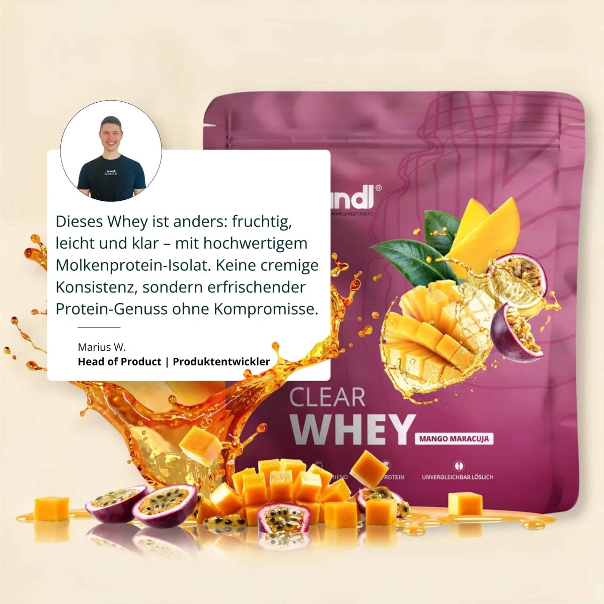 Purple pouch of clear whey mango maracuja protein powder with vibrant fruit imagery and splash design