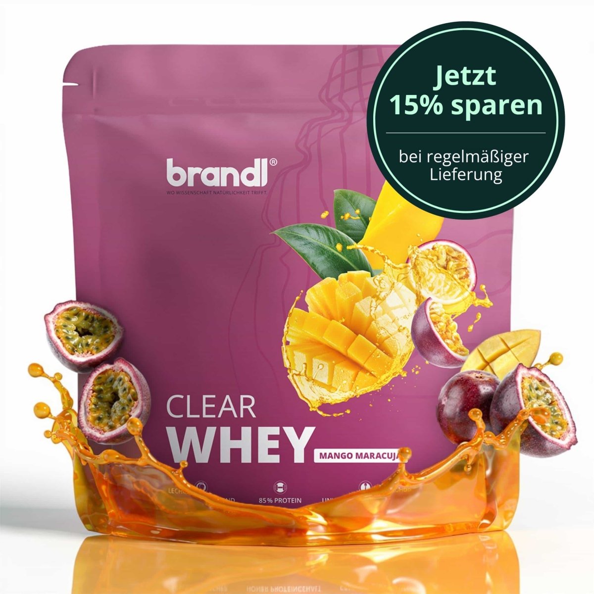 Pouch der marke brandi clear whey in mango maracuja geschmack mit lebendigen fruchtmotiven und glänzendem finish