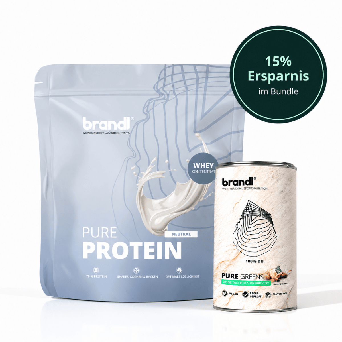 Brandl gesunde sport bundle mit reinem protein whey konzentrat in hellblauer verpackung und veganem greens pulver in beigefarbenem behälter