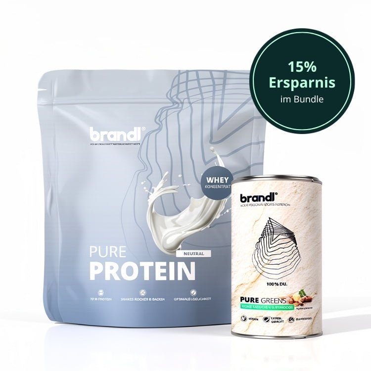 Healthy sport bundle mit brandl pure protein whey concentrate in silberner verpackung und brandl pure greens in beige Dose