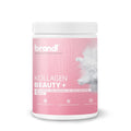 Rosa zylinderförmiger behälter von brandi kollagen beauty plus collagenpulver mit weißem deckel und inhaltsstoffen wie vitamin c und biotin