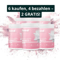 Pink zylindrische behälter mit kollagen beauty plus pulver von brandi kollagen mit weißen deckeln und splash-design