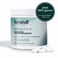 Weiße zylindrische dose brandl mobility+ premium complex kapseln mit hellblauem etikett und weißen kapseln daneben