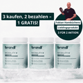 Drei weiße zylindrische behälter brandl mobility+ pulver mit grünem und schwarzem text für mobility + kapseln angebot