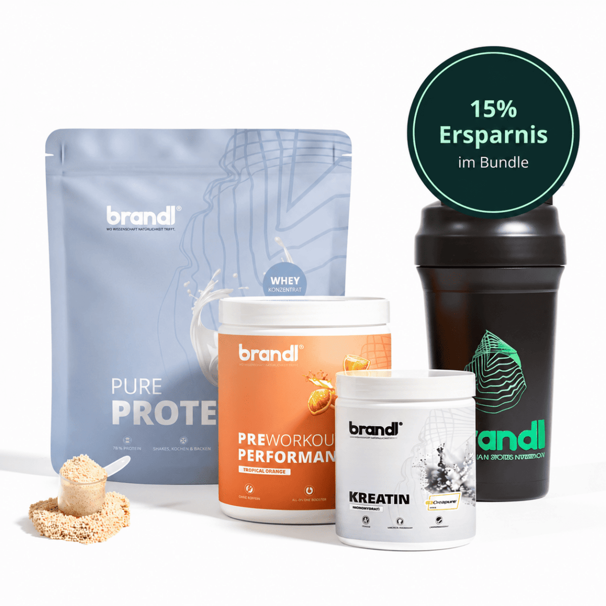 Muskelaufbau bundle mit brandl pure protein pulver in einer schlanken, hellblauen wiederverschließbaren tasche mit weißem splash-design