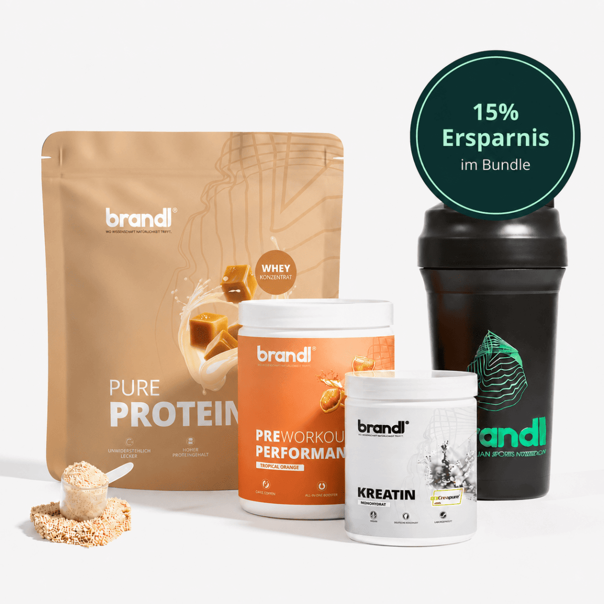 Brandl pure protein karamell pulver im beutel mit messlöffel für muskelaufbau bundle