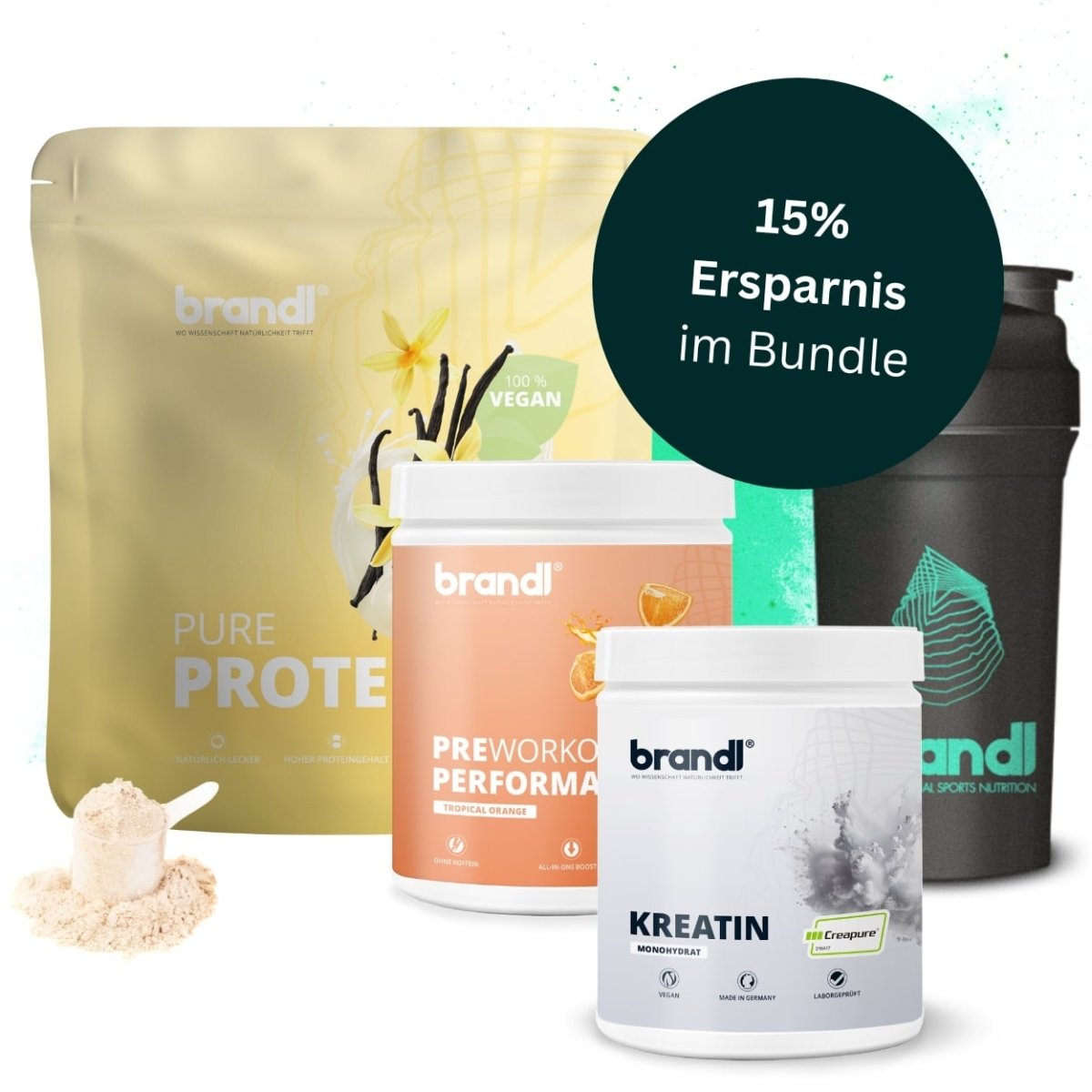 Weißes zylindrisches kreatin monohydrat container mit grauem splash design und grünem creepure logo für muskelaufbau vegan bundle