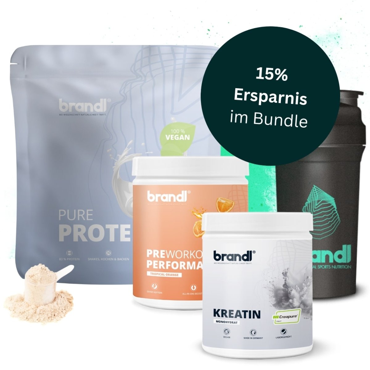 Brandl preworkout performance pulver in weißem behälter mit orangem etikett und tropischer orangengeschmack im muskelaufbau bundle vegan