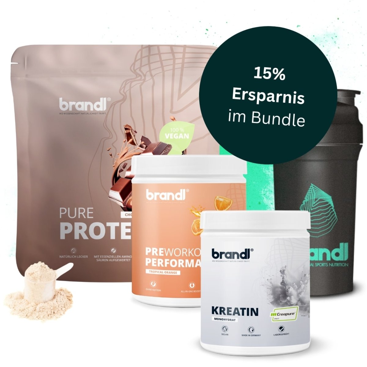 Brandl pure protein schokoladengeschmack pulver in brauner tüte mit löffel cremigem weißen vegan supplement neben muskelaufbau bundle