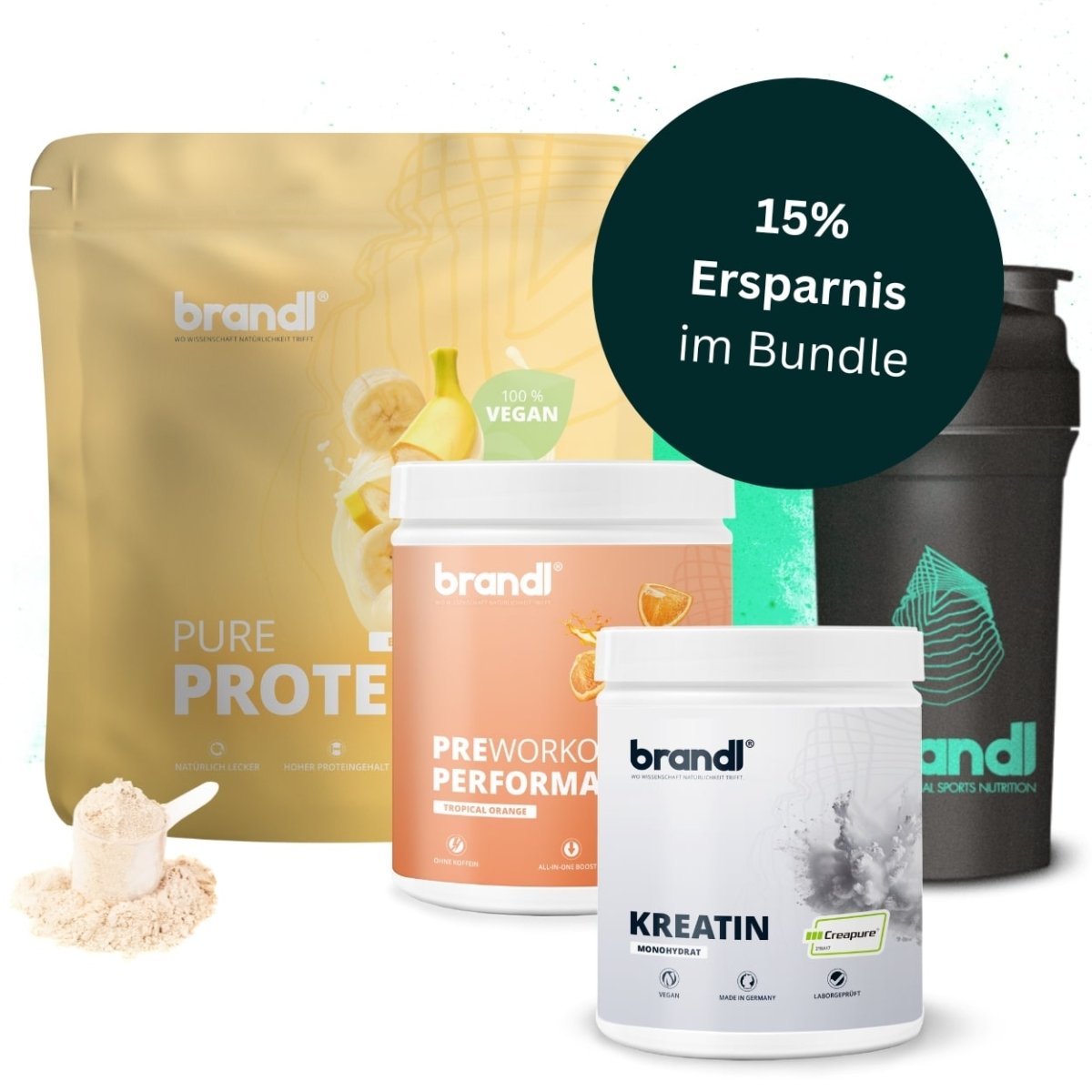 Brandl pure protein pulver in goldener verpackung mit bananenmotiv und 100 prozent vegan label für muskelaufbau bundle vegan