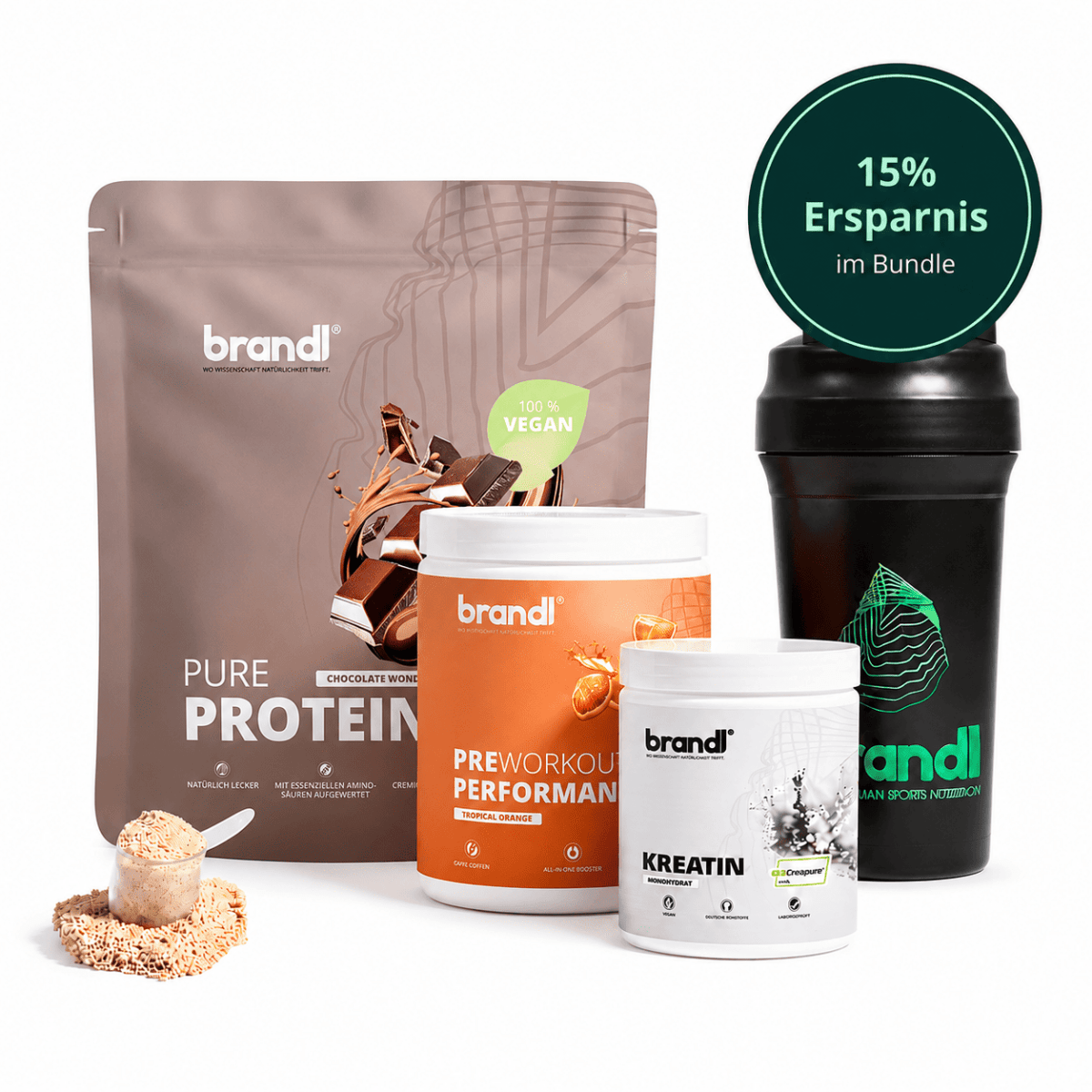 Schwarze shakerflasche mit grünem logo und text im muskelaufbau bundle vegan für vegane ernährung