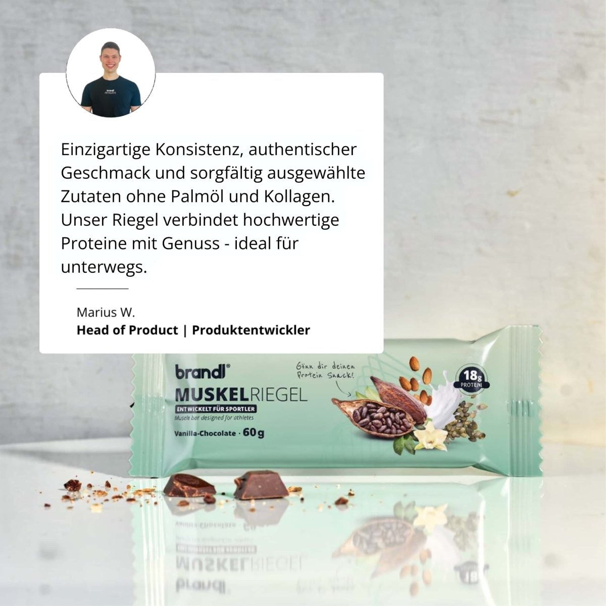 Ein mintgrün verpackter brandi muskelriegel proteinriegel mit vanille-schoko geschmack und 18g protein
