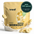 Brandl post workout vegan 2.0 in goldfarbener packung mit bananen- und milchmotiven für nach dem training