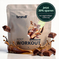 Brandl post workout chocolate wonder veganes proteinpulver im silbernen beutel mit schokoladenmotiven und spritzern