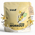 Brandl post workout vanilla sky veganes proteinpulver in beige wiederverschließbarer packung mit vanilleillustrationen