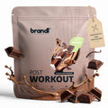 Brandl post workout chocolate wonder powder veganes pulver in matter brauner wiederverschließbarer tasche mit schokoriegel und spritzgrafik