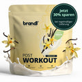 Brandl post workout vegan 2.0 vanilla sky cremiges veganes proteinpulver beige verpackung mit vanilleschote und blüte