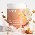 Brandl preworkout performance tropische orange geschmack in weißem und pfirsichfarbenem behälter mit orange citrusmotiv