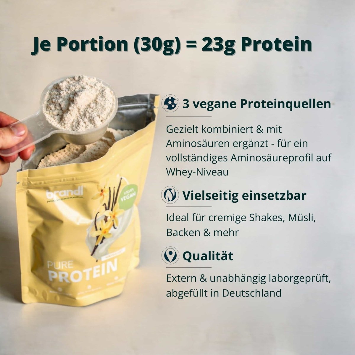 Gelbe vegan protein 2.0 pouch mit vanilledesign und klarer dose mit hellbeigem pulver
