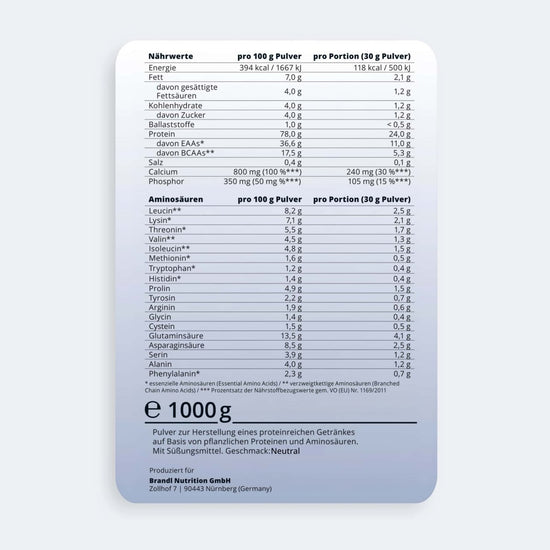 Weißes rechteckiges etikett mit schwarzen texten zur nährwertangabe auf der rückseite von pure protein 2.0 vegan pulver 1000g