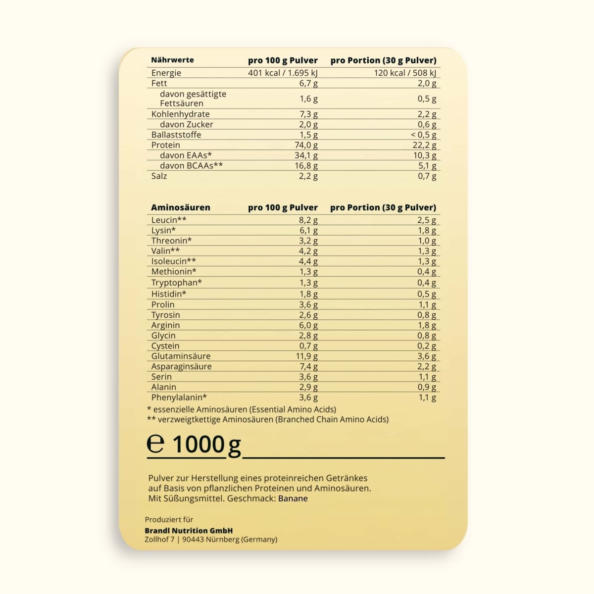 Beige rechteckiges nahrwertetikett auf der rückseite von pure protein 2.0 vegan pulver 1000g von brandl nutrition gmbh