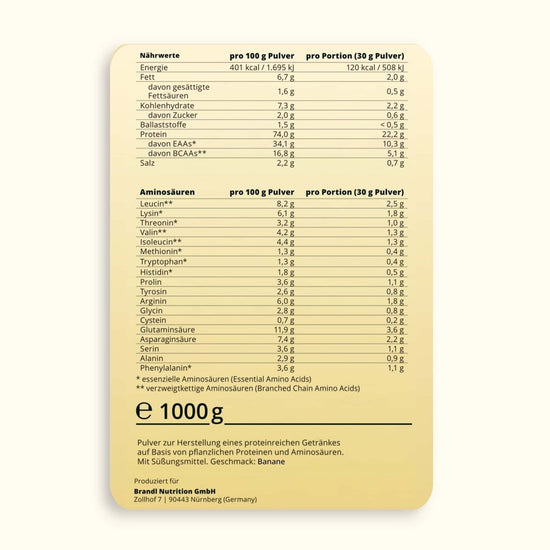 Beige rechteckiges nahrwertetikett auf der rückseite von pure protein 2.0 vegan pulver 1000g von brandl nutrition gmbh