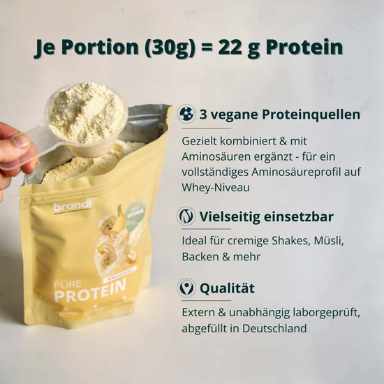 Yellow pouch of brandl pure protein 2.0 vegan powder banana flavor with german vegan protein source label