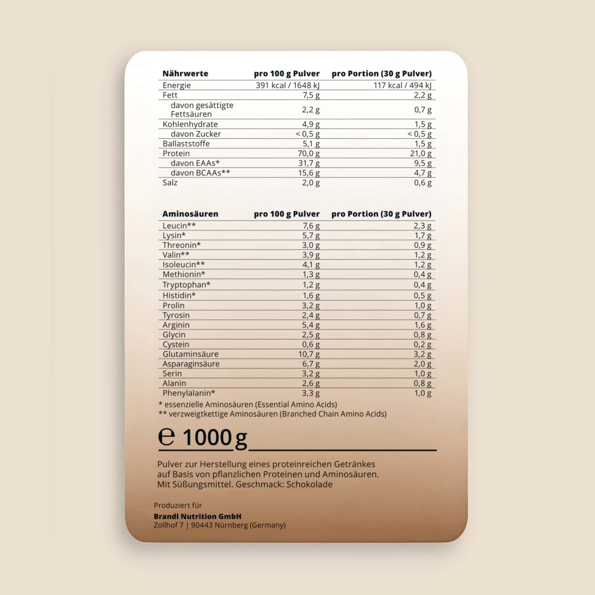 Beige rechteckiges nutrition label mit makronährstoffen und aminosäuren für 1000g veganes proteinpulver pure protein 2.0 rückseite