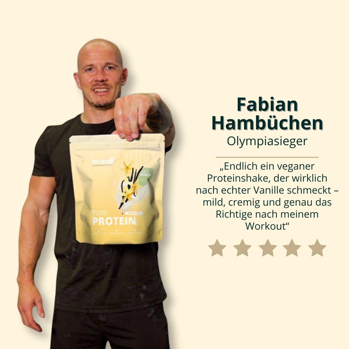 Gelbe verpackung von pure protein 2.0 vegan vanille proteinpulver mit wiederverschließbarem oberteil und vanilleschotenillustration
