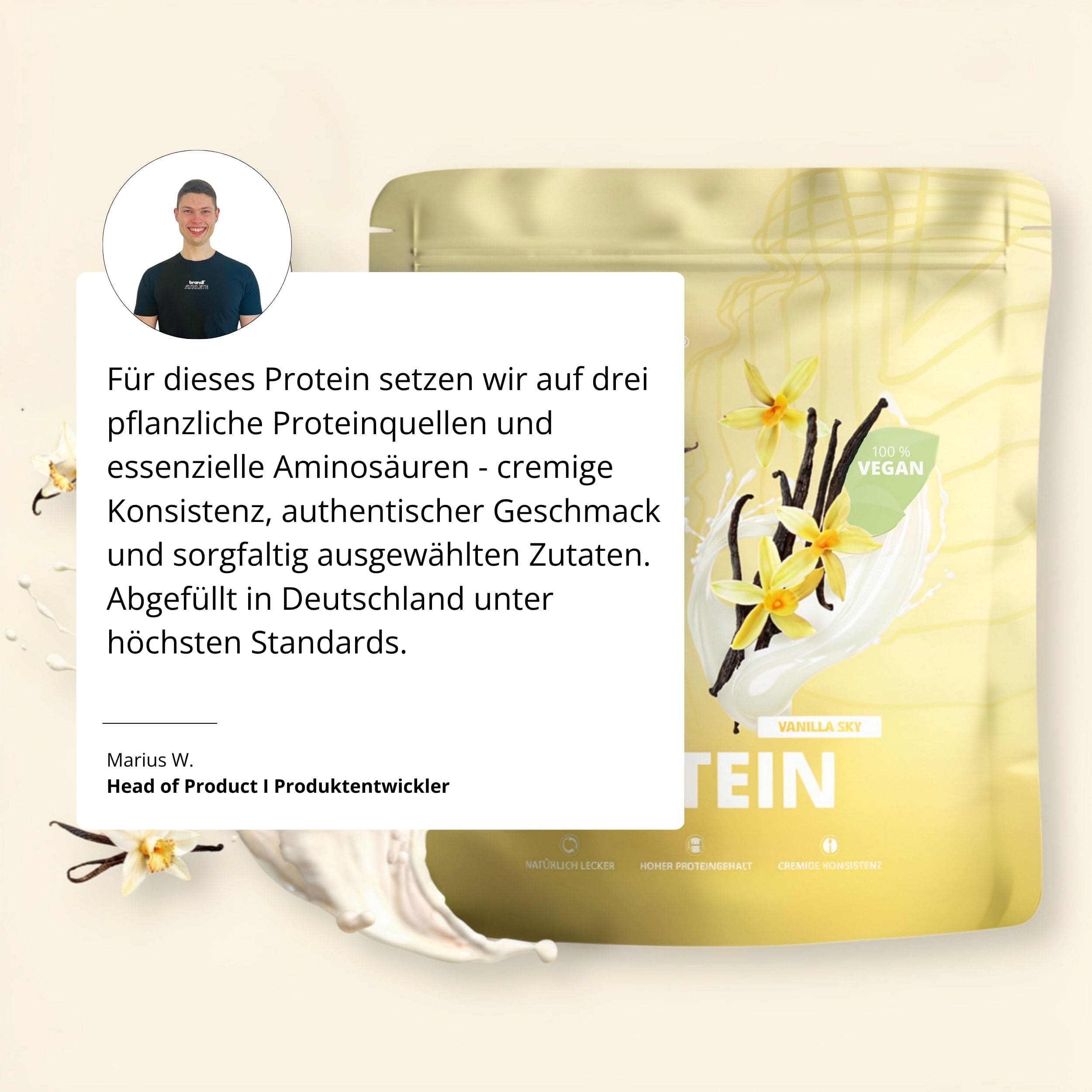 Eine goldene verpackung mit veganem vanilla-proteinpulver von pure protein 2.0 und vanilleillustrationen