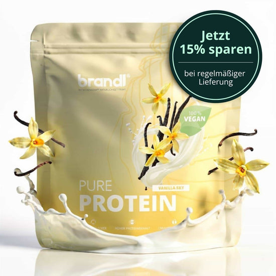 Brandl pure protein 2.0 vegan vanille geschmack in beige nachfüllbarer tasche mit vanilleschoten und blumenillustrationen