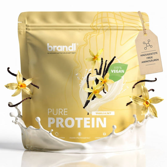 Goldfarbener wieder verschließbarer beutel pure protein 2.0 vegan vanilla sky mit vanilleblüten und bohnen illustrations