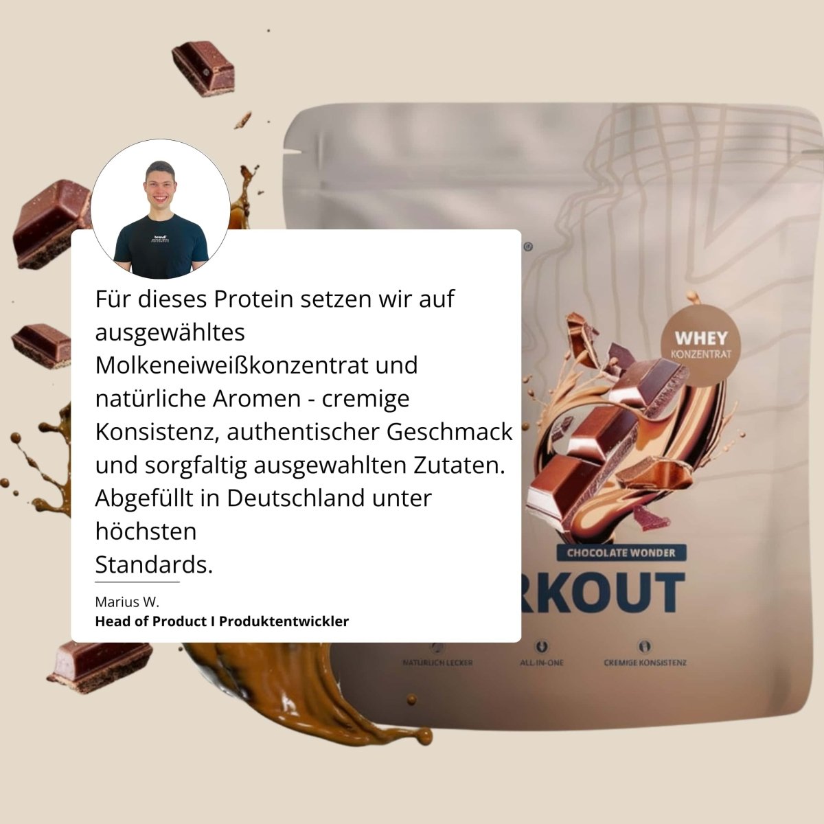 Chocolate-flavored whey protein powder pure protein 2.0 in a brown and white pouch labeled workout chocolate wonder
