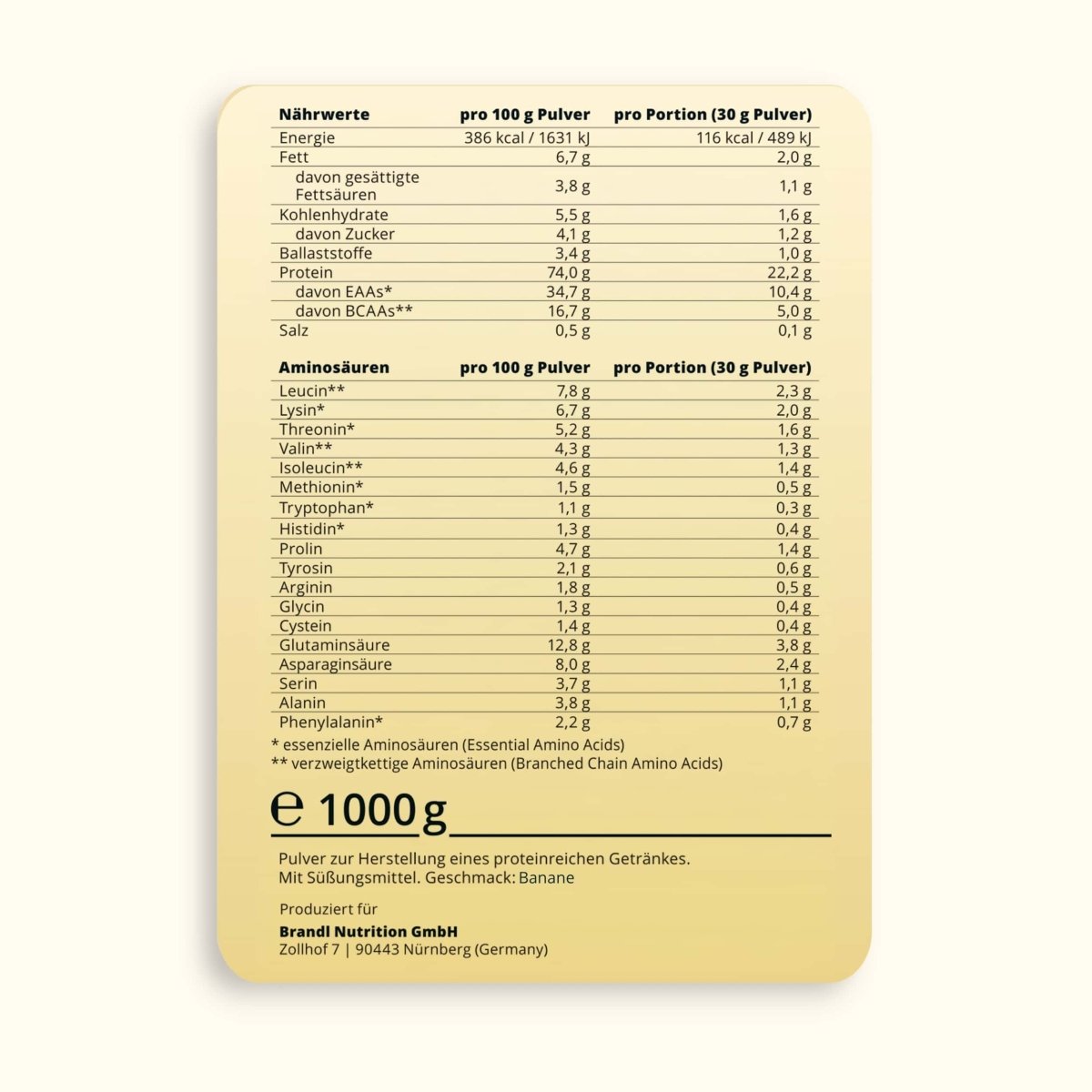 Beige rechteckiges nährwertetikett der rückseite von pure protein 2.0 whey 1000g proteinpulver von brandl nutrition gmbh