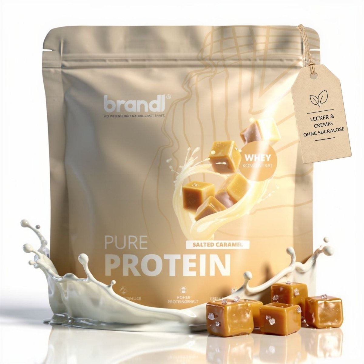 Brandl pure protein 2.0 salted caramel whey protein in metallic gold pouch with caramel cubes and milk splash graphics