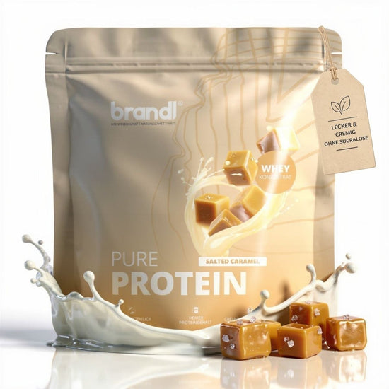 Brandl pure protein 2.0 salted caramel whey protein in metallic gold pouch with caramel cubes and milk splash graphics