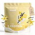 Brandl pure protein 2.0 whey vanilla flavor konzentrat in goldenem beutel mit vanilleschote und blütenillustration