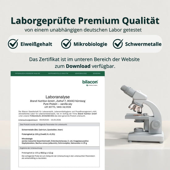 Weiße labor-demikroskop mit metallischen teilen und gebogenem arm im produkt pure protein 2.0 whey