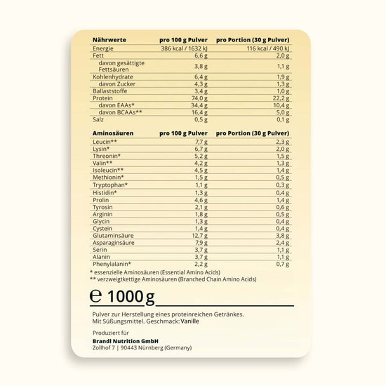 Beige rechteckiges nährwertetikett auf der rückseite von brandl nutrition gmbh pure protein 2.0 whey 1000g mit deutschen angaben