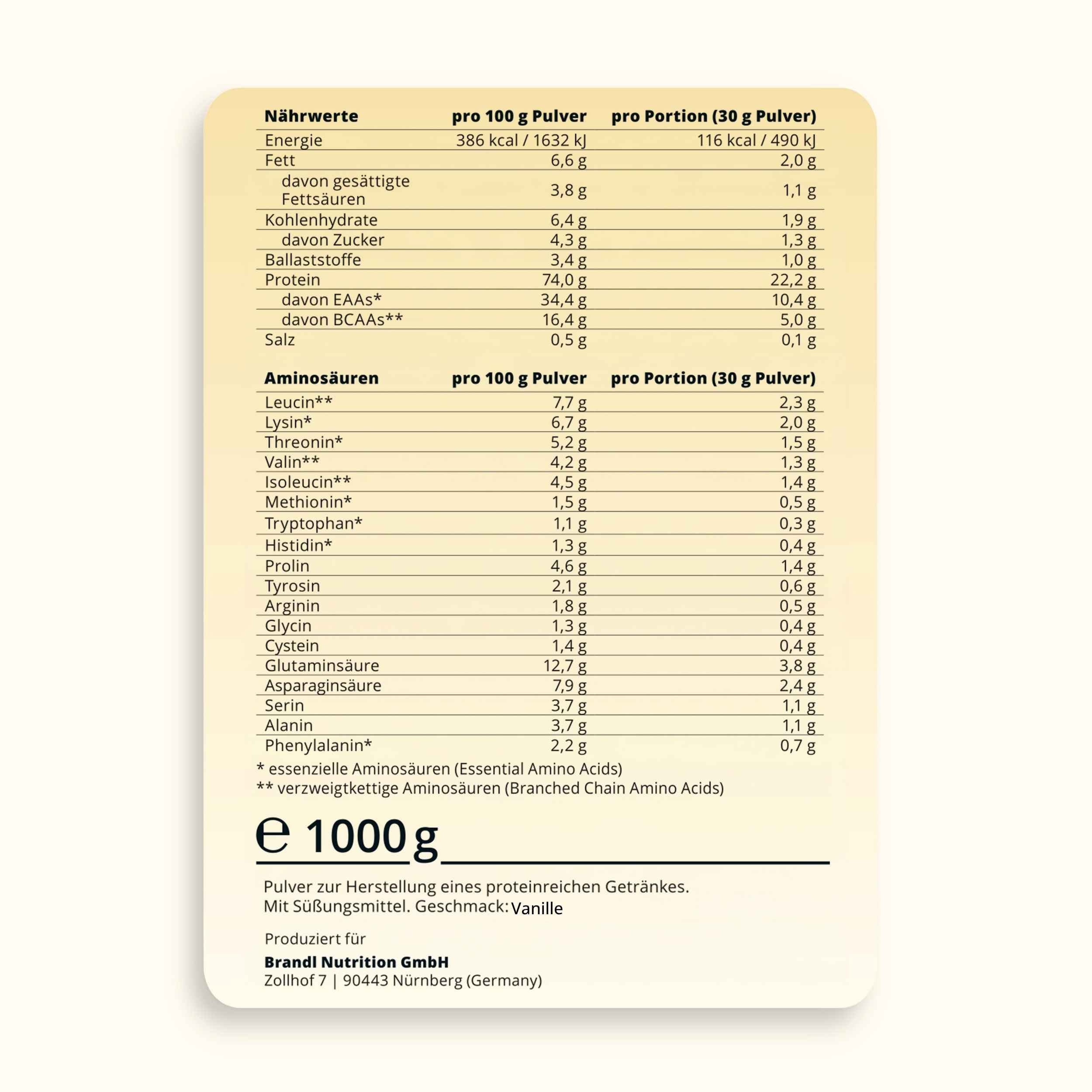 Beige rechteckiges nährwertetikett auf der rückseite von brandl nutrition gmbh pure protein 2.0 whey 1000g mit deutschen angaben