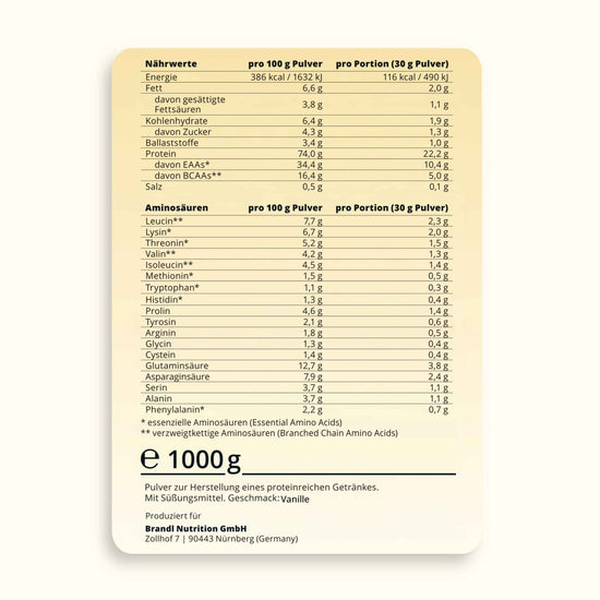 Beige rechteckiges nährwertetikett auf der rückseite von brandl nutrition gmbh pure protein 2.0 whey 1000g mit deutschen angaben