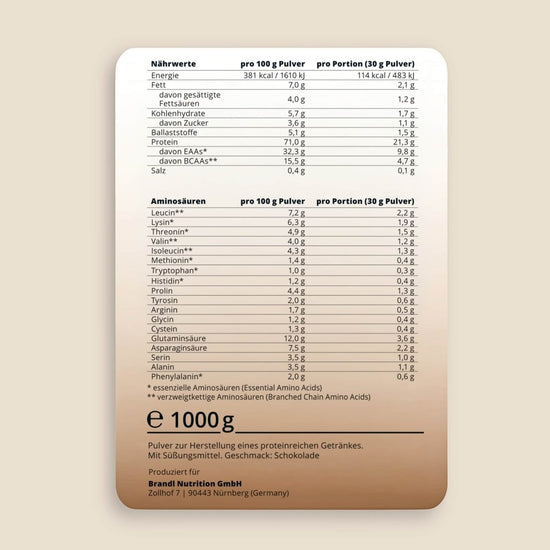 Rechteckiges beiges etikett mit nahrwertangaben zu makronährstoffen und aminoäuren auf der rückseite von pure protein 2.0 whey 1000g