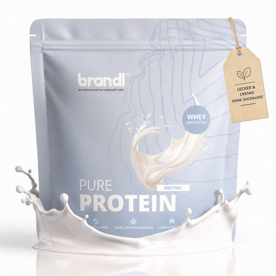 Ein eleganter silbergrauer wiederverschließbarer beutel brandl pure protein whey concentrate mit neutralem geschmack und zuckerfrei