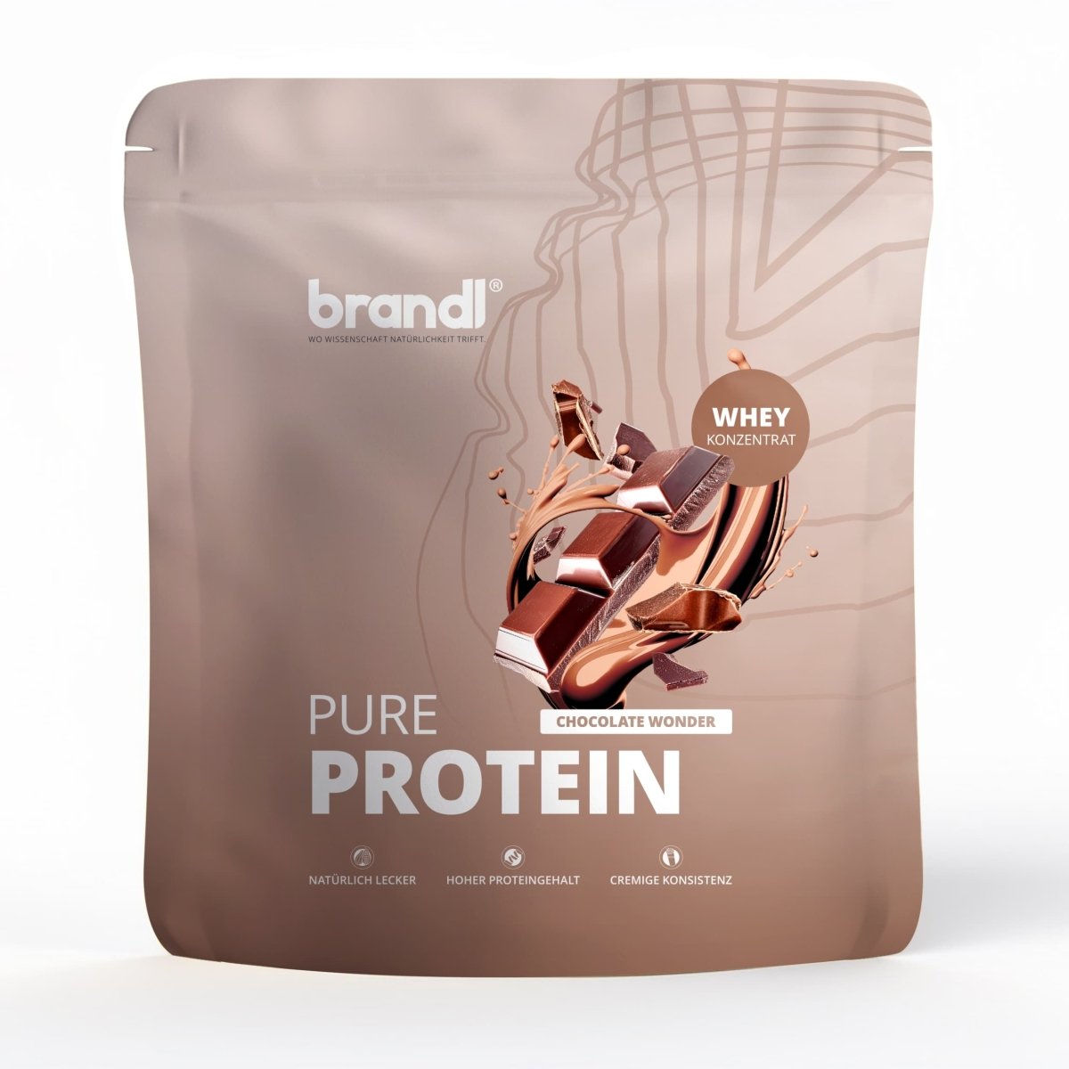 Brandl pure protein 2.0 whey concentrate in matter brauner tasche mit schokoladen imagery
